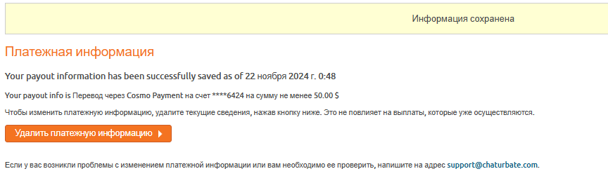 Як додати платіжну інформацію для отримання виплат з Chaturbate - успішне добавлення